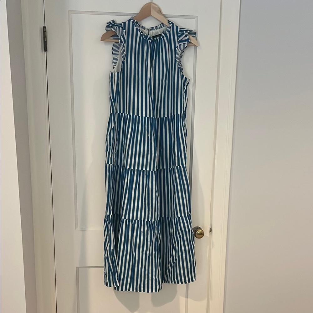 J. Crew Blue and White Flutter Sleeve Tiered Midi Sundress